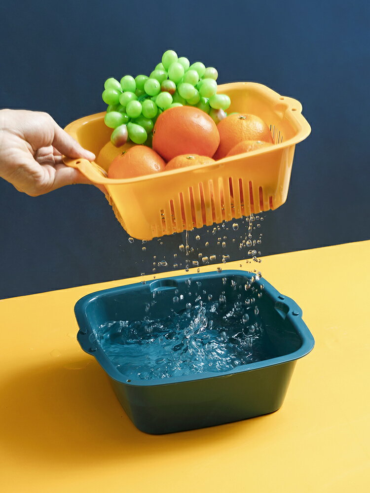 雙層瀝水籃 雙層塑料瀝水籃洗菜盆洗菜籃廚房家用客廳果籃洗水果菜籃子水果盤【MJ14693】