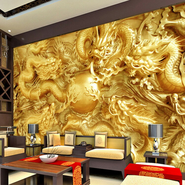 酒店客廳電視背景墻壁紙大型壁畫3D立體無縫金色龍木雕無紡布墻布