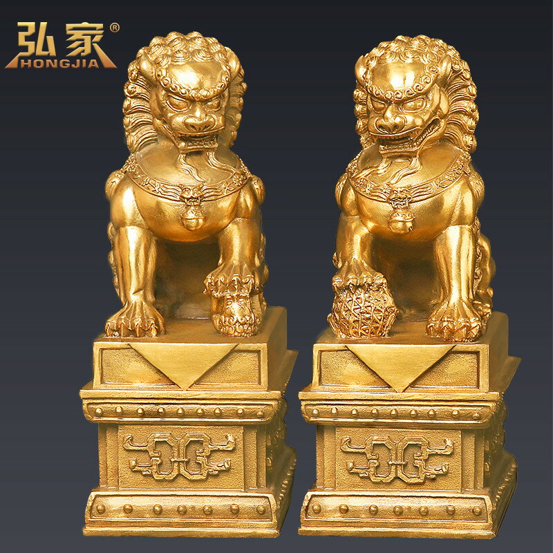 銅獅子擺件一對純銅家用客廳門口招財大小號家居玄關裝飾工藝擺設