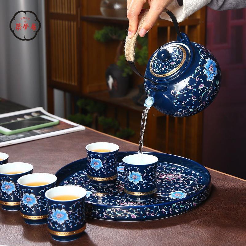 免運 工廠直銷 茶具 茶壺 功夫茶具 茶壺套裝 琺瑯彩陶瓷功夫茶具套裝家用送禮青花大號提樑茶壺茶杯整套國潮風店長推薦/特惠 工廠現貨出 特價出 全館折扣 售後保障 zm5319