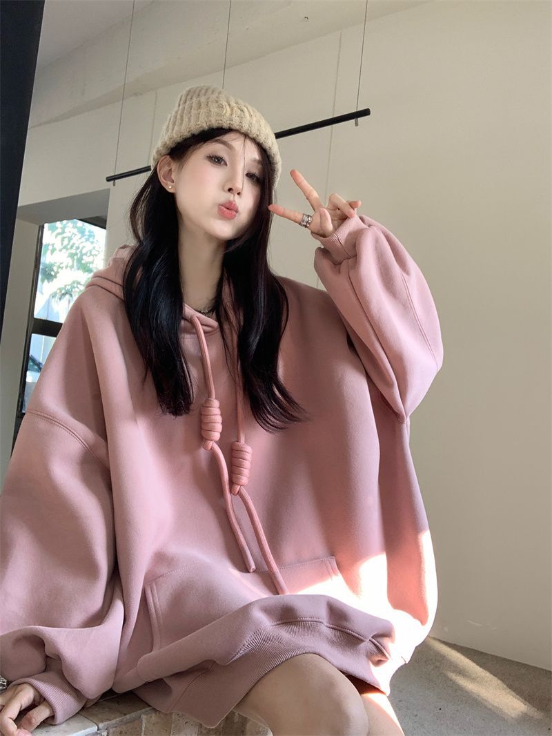 設計感加絨加厚連帽衛衣女秋季2024新款小眾粉色寬松中長款上衣潮-享樂