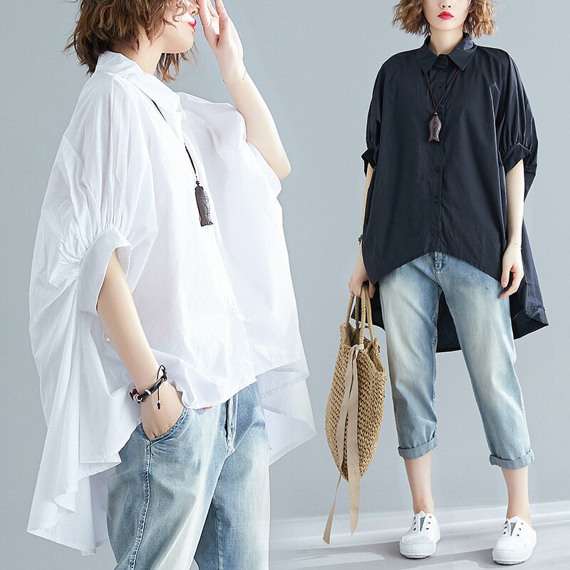 【巴黎精品】現貨+預購 襯衫短袖上衣-寬鬆素色前短後長女裝2色a1bt23