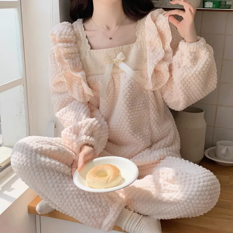 女士睡衣 女秋冬季睡衣 珊瑚絨睡衣套裝 加厚加絨可愛居家睡衣 冬天法蘭絨可外穿家居服套裝 女生睡衣【不二雜貨】