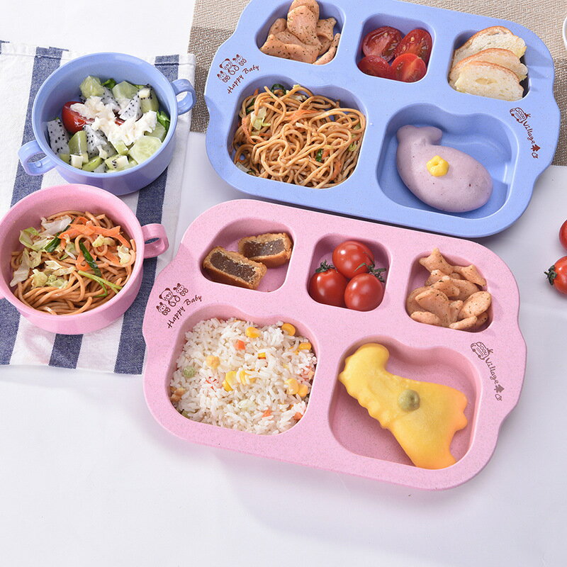 小麥秸稈兒童飯盤可愛卡通學生早餐盤幼兒園寶寶分格餐盤餐具套裝1入