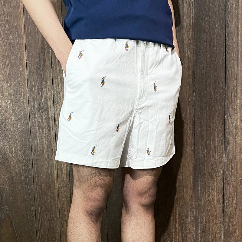 美國百分百【全新真品】Ralph Lauren 短褲 棉質 鬆緊 休閒褲  RL 小馬 彩馬 滿版 白色 CV98