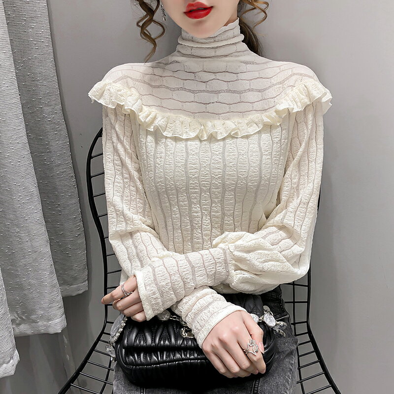 秋冬新款高領百搭打底衫女公主蕾絲木耳邊甜美減齡洋氣春上衣