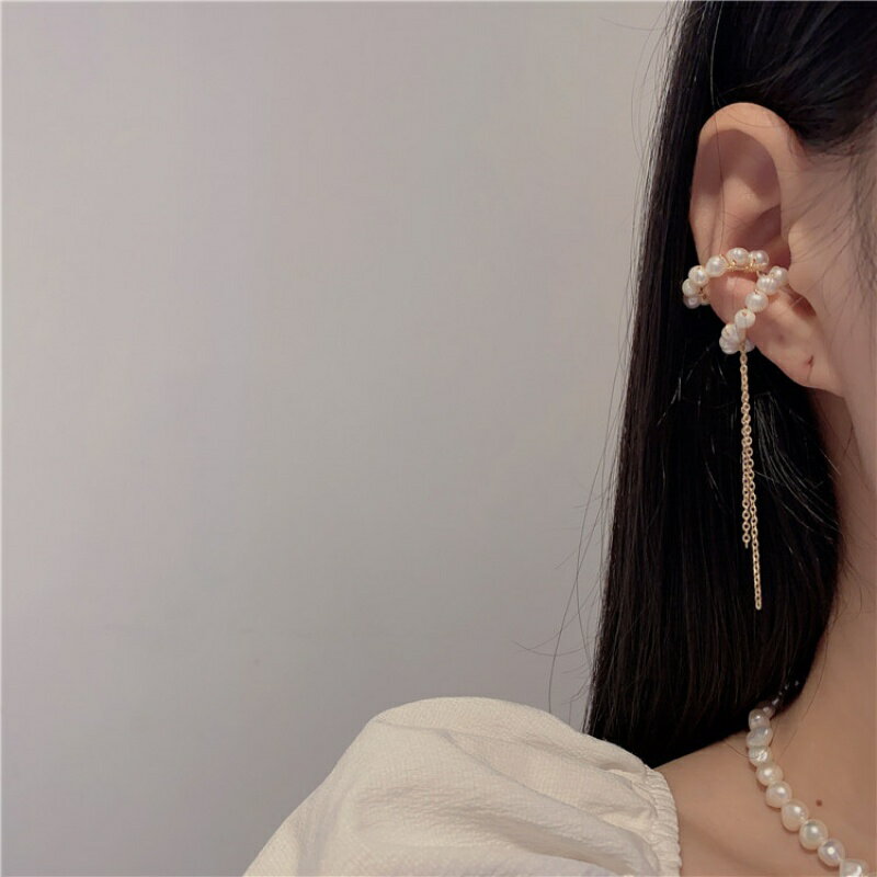 法式復古小眾設計感純手工編織淡水珍珠耳骨夾耳線韓國氣質耳夾