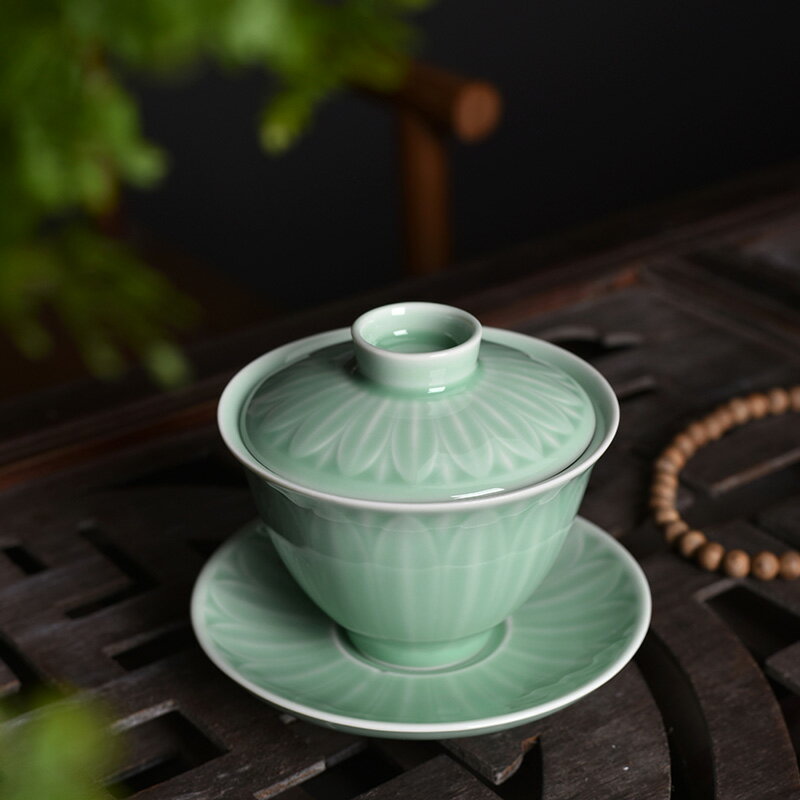 青瓷三才蓋碗帶蓋泡茶杯單個茶碗景德鎮喝茶具大號龍泉手抓壺定製
