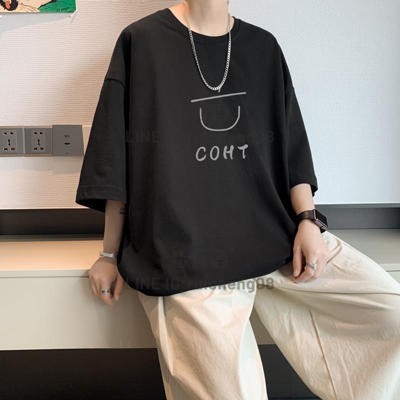 港風ins印花短袖T恤男士夏季大碼圓領半袖純棉美式寬鬆體恤【步行者戶外生活館】