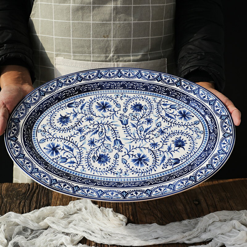 青花陶瓷橢圓盤子 41厘米大號魚盤 家用餐具菜盤裝飾掛盤瓜果盤