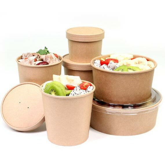 一次性牛皮紙湯盒湯桶紙碗圓形帶蓋外賣快餐飯餐盒打包盒湯碗湯杯