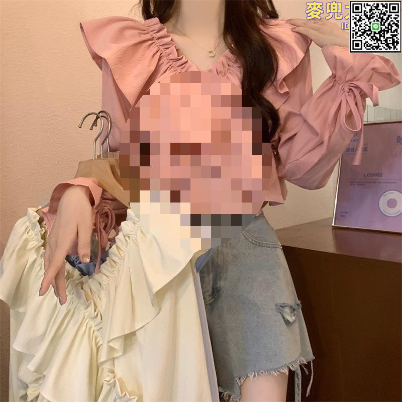 【全球優品滙】法式荷葉一字肩襯衫女2024年秋季新款長袖襯衣別致小個子上衣
