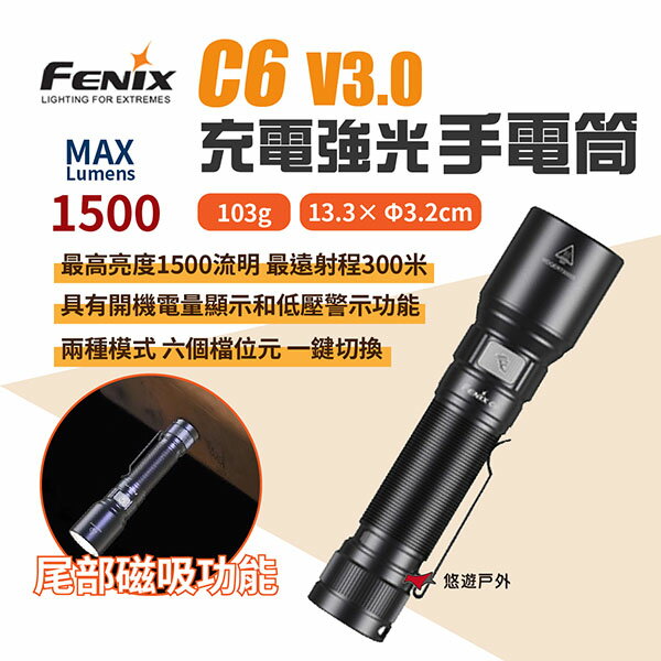 【FENIX】C6 V3.0 充電強光手電筒 1500流明 多用途 磁吸 可視電量 安全防身 野營露營 悠遊戶外
