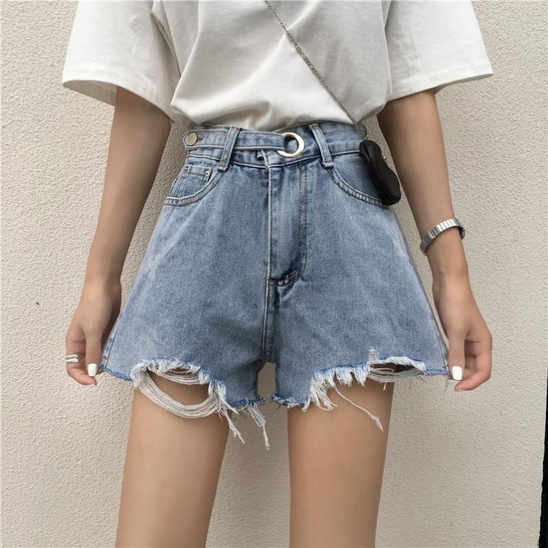 牛仔褲女夏季薄款2021新款小眾高腰破洞顯瘦寬松闊腿褲設計感短褲