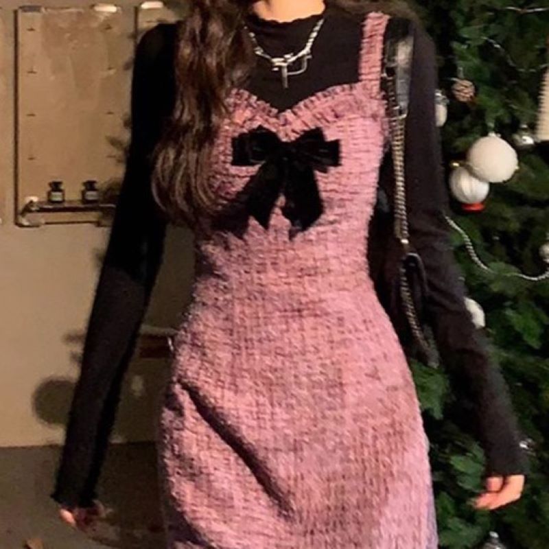 【巴黎精品】現貨+預購 休閒套裝長袖裙裝-千金感小香風法式吊帶裙女裝黑色內搭+長裙套裝色w1af58