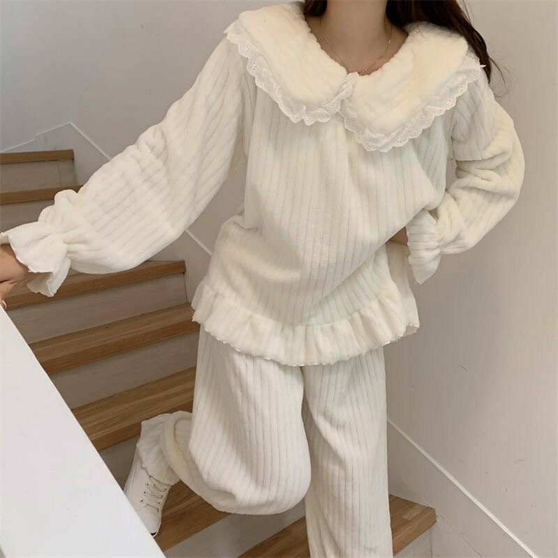 冬季居家服 娃娃領毛毛睡衣 刷毛 家居服 刷毛 珊瑚絨睡衣女冬季ins甜美蕾絲加厚法蘭絨少女家居服套裝