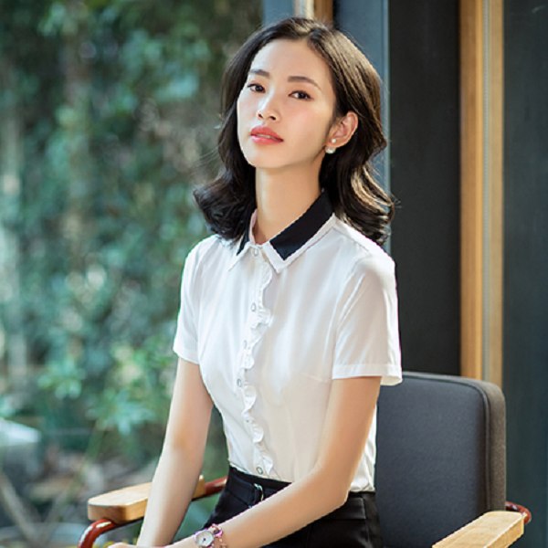 灰姑娘[8S097-PF]雙色翻領甜美荷葉邊OL短袖襯衫上衣