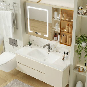 欧琳浴室柜组合实木奶油风一体陶瓷盆洗手台洗脸盆柜组合卫浴柜