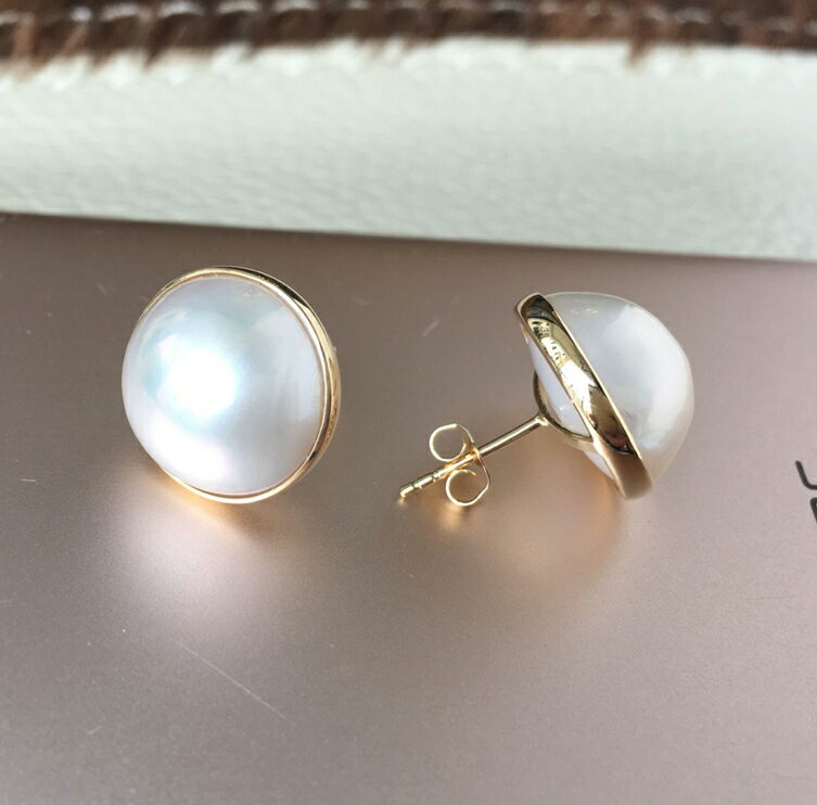 天然馬貝珍珠耳釘18K金5A鏡面炫彩無瑕進口馬貝耳環女 1