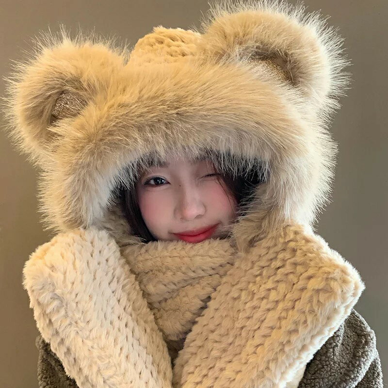 小熊帽子圍巾手套一體三件套女冬季可愛保暖護耳防寒毛絨雷鋒帽子