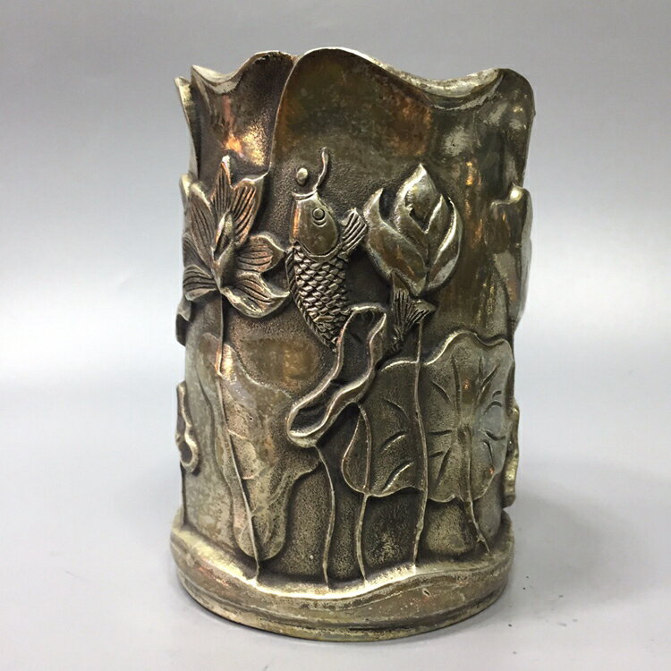 純銅荷花魚筆筒仿古白銅蓮年有餘花邊文房用品書房裝飾工藝品禮品
