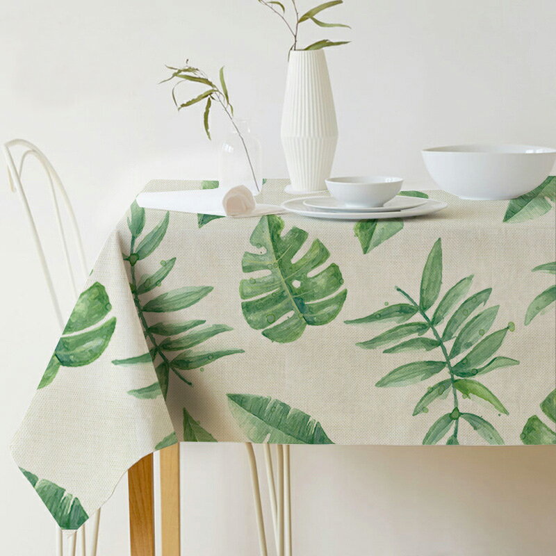 ✤宜家✤北歐風格綠色植物亞麻印花防水桌布 家居餐桌茶几裝飾布 (140*220cm)