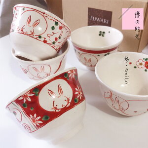 美濃燒和風陶制櫻花濃花與兔子茶杯茶碗水杯5只盒裝16515