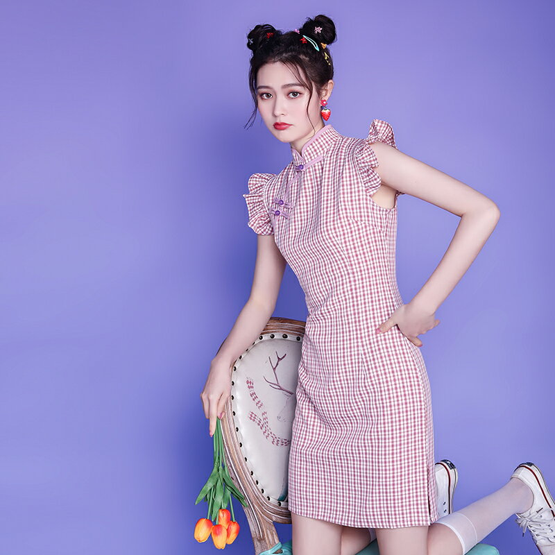 春季小清新甜美少女改良日常旗袍復古中國風小個子格子連衣裙