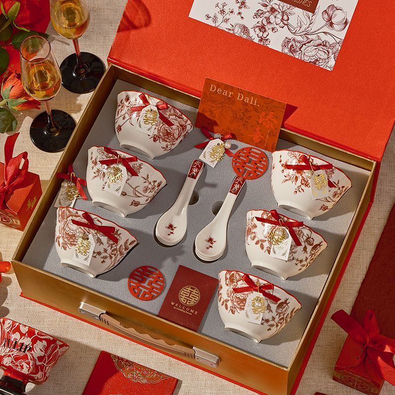 文創結婚 精緻結婚禮物 結婚賀禮結婚禮物送閨蜜餐具套裝實用新婚禮品紅色喜碗送新人新娘訂婚高階00021
