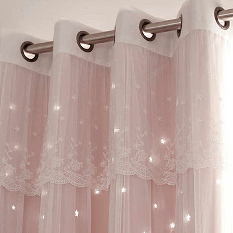 網紅款星星鏤空遮光飄窗簾清新韓式公主風窗紗抖音臥室客廳窗簾布