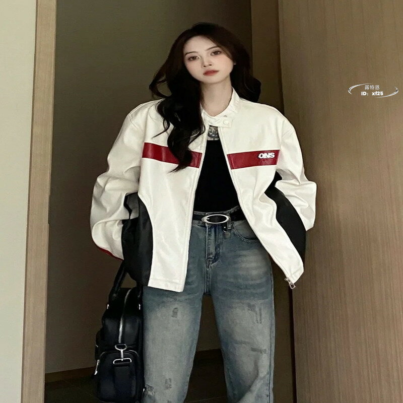 【免運】騎士服 皮衣外套 機車服 夾克 美式復古拼接三槓運動賽車pu皮衣夾克男女春秋新款撞色機車服外套