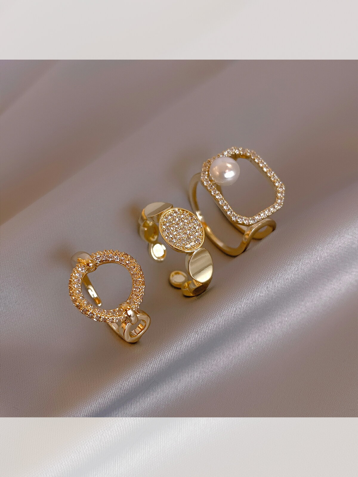 方形鏤空珍珠戒指女小眾設計開口戒韓國時尚指環網紅冷淡風食指戒