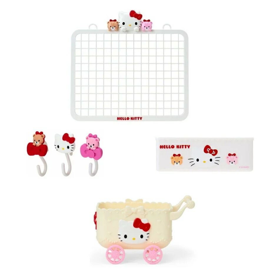 asdfkitty*KITTY4款組 網架+造型S掛勾組+可掛式小物收納架+推車造型小物收納盒-日本正版商品