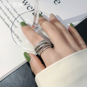 S925銀滿鑲水鉆食指戒指女交纏網紅鋯石指環時尚大氣個性戒子禮物