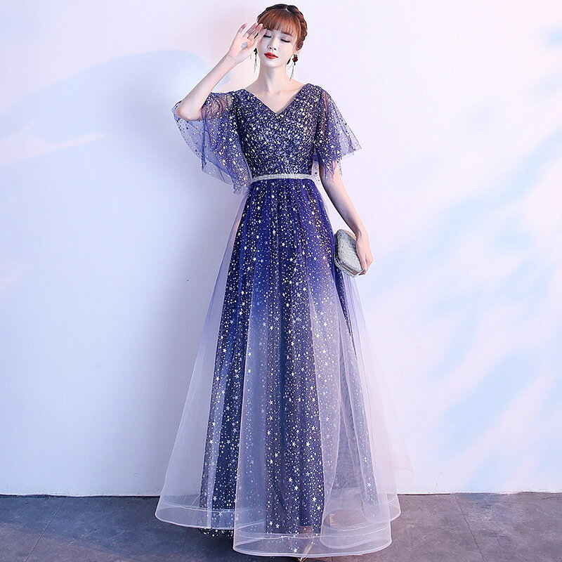 大尺碼晚禮服洋裝 大合唱團中老年團新款合唱團禮服演出服主持成人星空漸變長款顯瘦