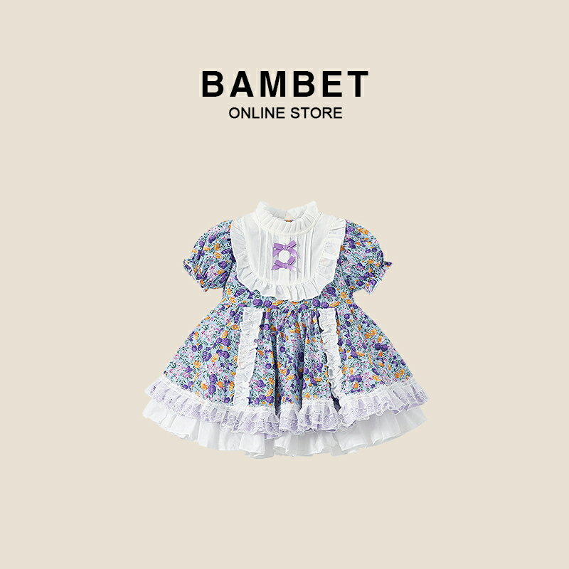 Bambet女童裝夏裝2022夏季新款洋氣碎花短袖連衣裙洛麗塔公主裙