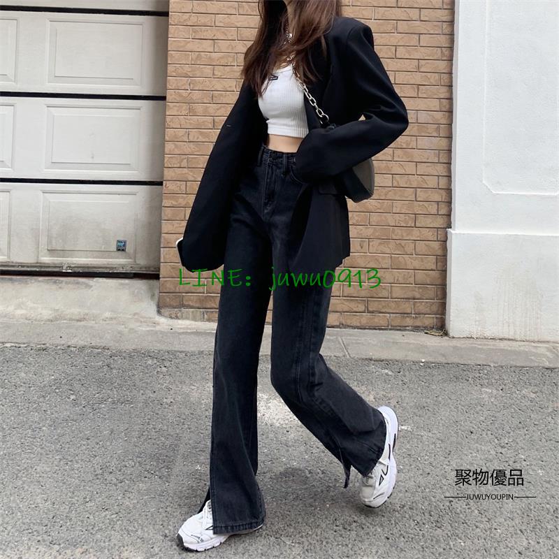 女生牛仔褲推薦，女生牛仔褲推薦-牛仔寬褲推薦到開叉牛仔褲女士秋季高腰顯瘦闊腿褲設計感小眾直筒長褲子流行女裝【聚物優品】