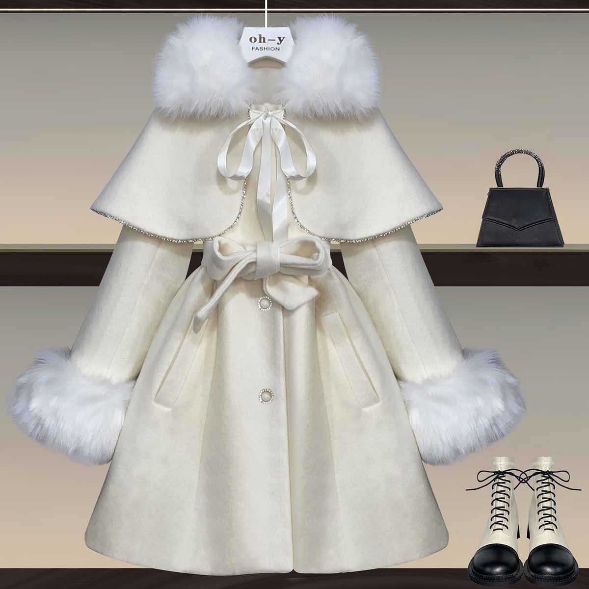大碼女裝冬季套裝女2022新款洋氣小香風鬥篷外套毛呢連衣裙兩件套