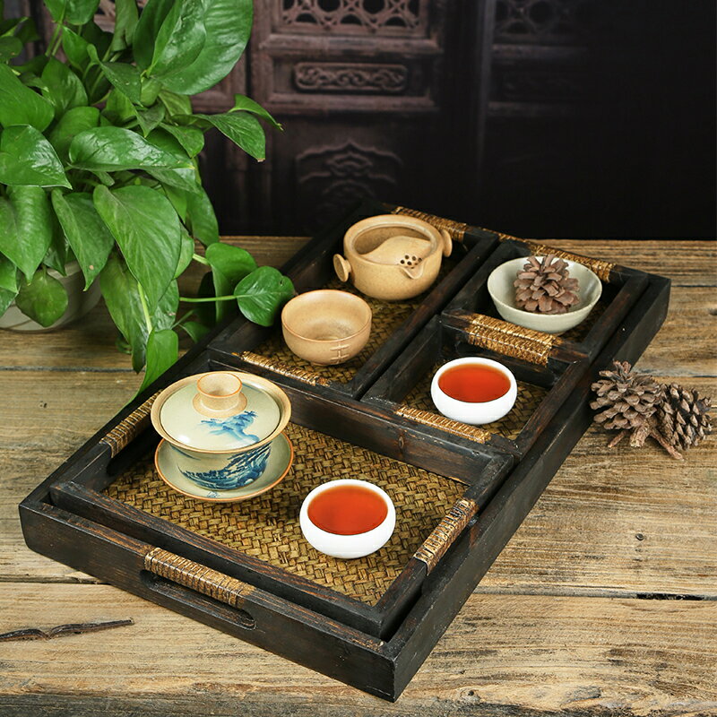 泰國復古田園式作舊實木托盤東南亞手工雕刻竹編水果盤子茶盤果盤
