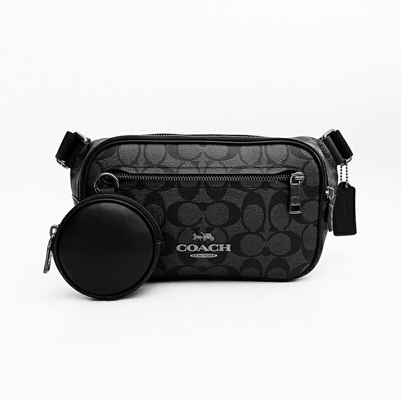 美國百分百【全新真品】COACH 皮包 CJ506 腰包 隨身包 子母包 專櫃精品 logo 印花滿版 黑色 CK22