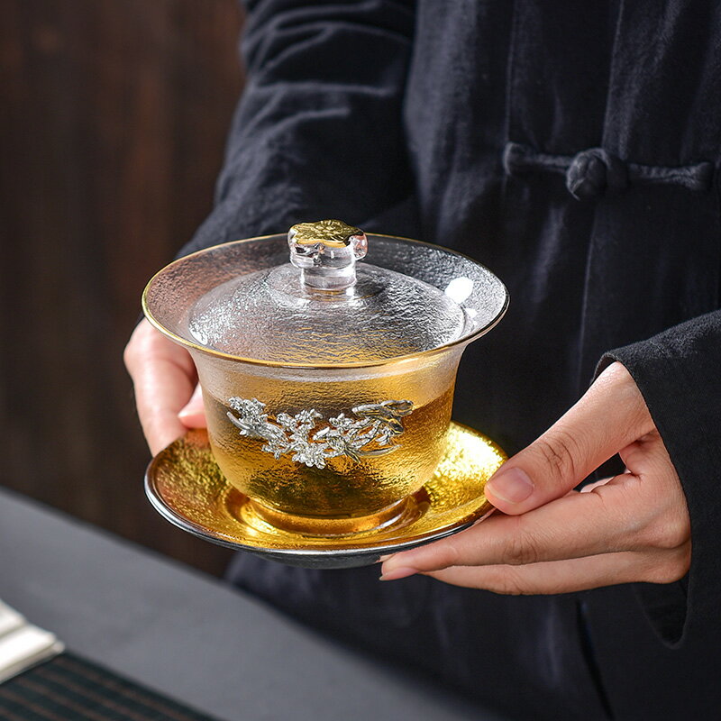 陶福氣 創意錘紋耐熱玻璃大蓋碗 家用描金茶具沏茶碗泡茶杯三才碗