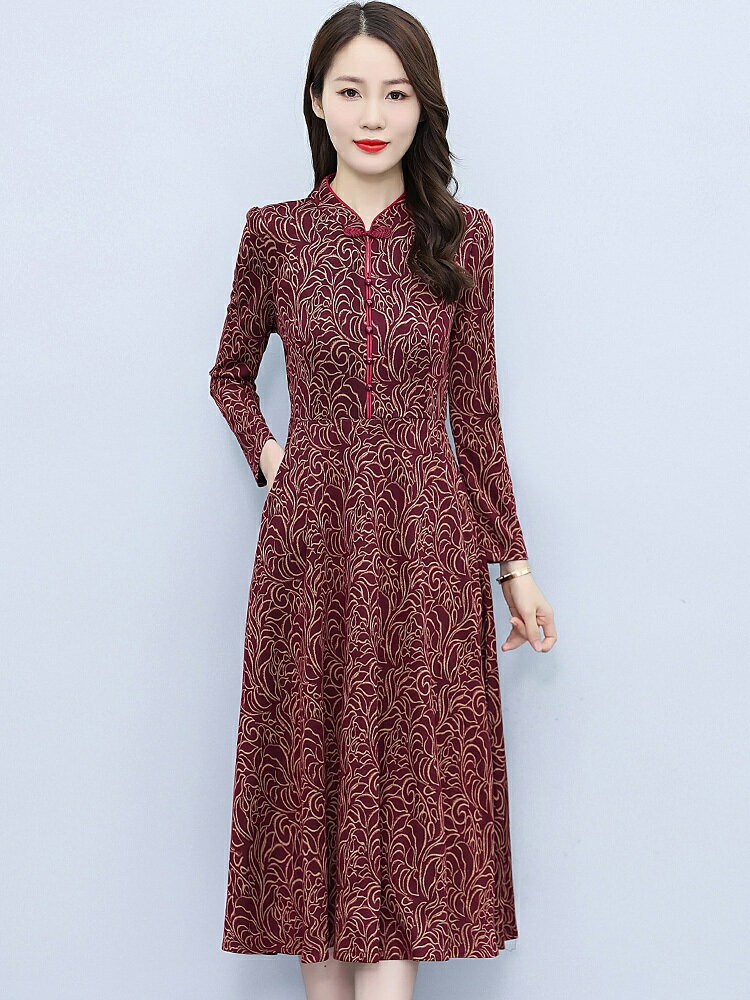 中老年人媽媽秋裝長袖旗袍連衣裙女士春秋款高檔洋裝品牌氣質洋氣裙子【步行者戶外生活館】