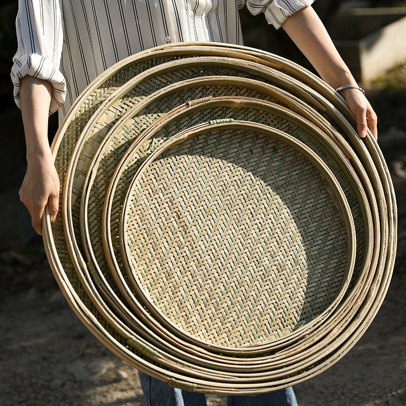 竹編簸箕無孔托盤有孔米篩子家用晾曬繪畫裝飾竹制品圓形竹筐