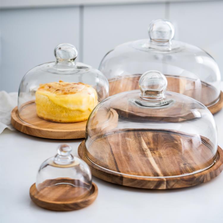 蛋糕玻璃罩展示盤甜品台透明帶蓋木質底托可轉動點心面包實木托盤【摩可美家】
