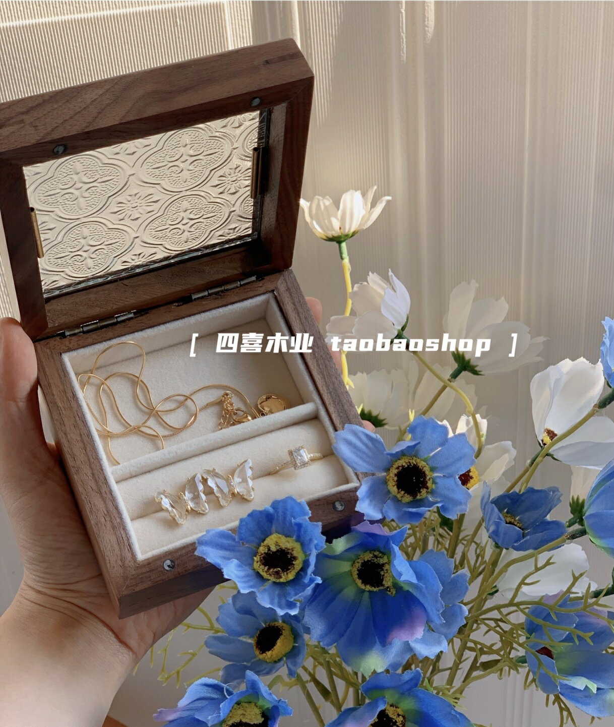 黑胡桃實木原創設計海棠玻璃戒指項鏈耳飾手錶手鏈耳釘首飾盒迷你