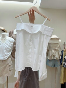 白色一字領露肩性感吊帶襯衫女夏季甜美氣質長袖上衣