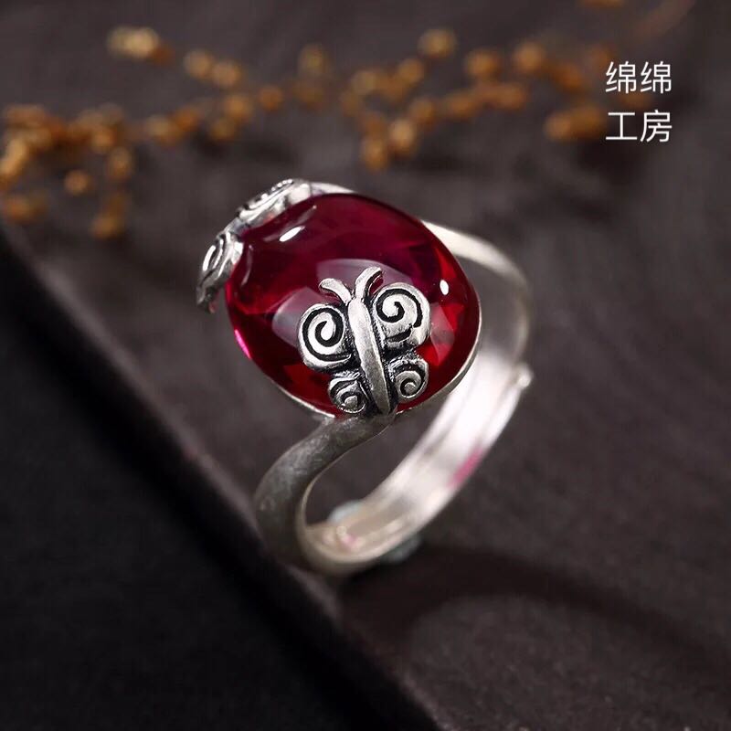 S990足銀蝴蝶祥雲石榴紅黃白綠玉髓開口純銀女士戒指