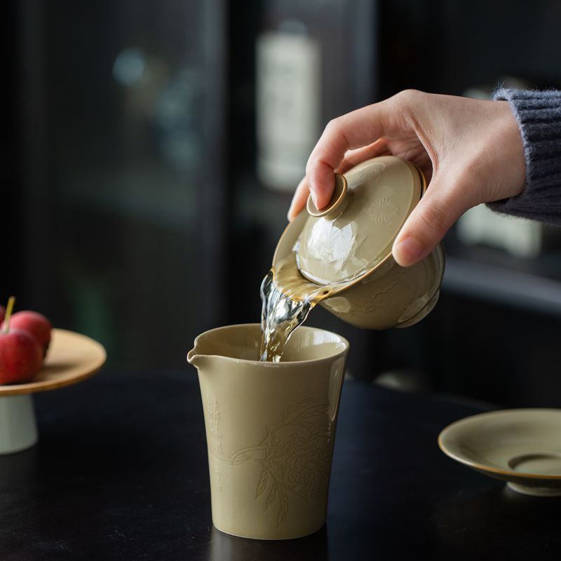 免運 茶具系列 定窯黃君子蓋碗 功夫茶具三才蓋碗 泡茶碗沏茶碗陶瓷 薄胎不燙手 2