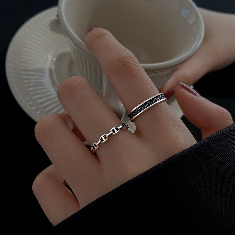 925純銀鏈條戒指女小眾設計復古食指戒ins潮豬鼻子2021年新款指環