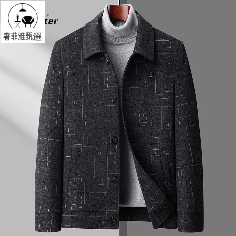 快速出貨/萊詩伯特秋冬印花加厚毛呢男士休閑夾克中青年茄克衫爸爸裝男外套